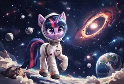 Size: 1216x832 | Tagged: safe, ai content, derpibooru import, machine learning generated, prompter:thelight3d, stable diffusion, twilight sparkle, g4, black hole, generator:pony diffusion v6 xl, image, jpeg, planet, solo, space, spacesuit