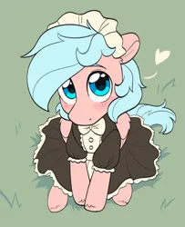 Size: 1480x1827 | Tagged: safe, artist:skysorbett, derpibooru import, oc, oc:cloud mellow, unofficial characters only, pegasus, pony, g4, blushing, clothes, crossdressing, cute, emanata, hooves together, image, jpeg, looking at you, looking up, looking up at you, maid, maid headdress, male, sitting, solo, stallion