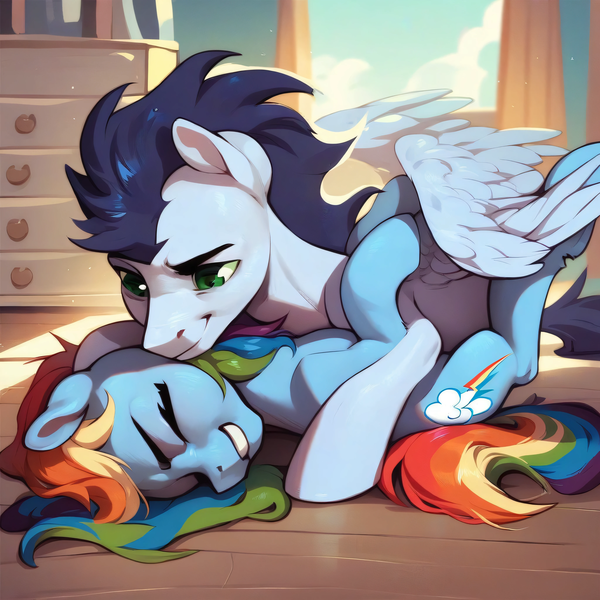 Size: 4096x4096 | Tagged: safe, ai content, derpibooru import, machine learning generated, prompter:*rainbow dash*, stable diffusion, rainbow dash, soarin', pegasus, pony, g4, bedroom, duo, embrace, female, generator:purplesmart.ai, image, male, playing, png, shipping, soarindash, sports, straight, wrestling