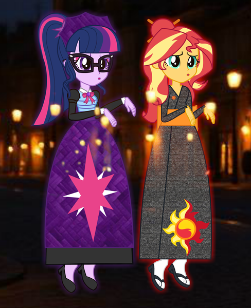 Size: 2684x3300 | Tagged: safe, artist:cartoonmasterv3, derpibooru import, sci-twi, sunset shimmer, twilight sparkle, ghost, human, undead, equestria girls, g3, g4, clothes, dress, duo, female, glasses, haunted, image, japan, japanese, kimono (clothing), long dress, long skirt, maid, moon runes, png, servant, skirt