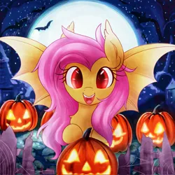 Size: 2048x2048 | Tagged: safe, artist:fluttershyanne, derpibooru import, fluttershy, bat, bat pony, pony, bat ponified, cute, female, flutterbat, full moon, halloween, high res, holiday, image, jack-o-lantern, jpeg, mare, moon, open mouth, open smile, pumpkin, race swap, shyabates, shyabetes, smiling, solo