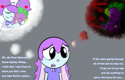 Size: 1710x1096 | Tagged: safe, artist:keinth2990, derpibooru import, spike, oc, oc:penelope, dragon, rabbit, animal, crying, dialogue, heart, hug, image, implied rarity, insult, love, pibby, png, sad, shipping, text, thought bubble, true love