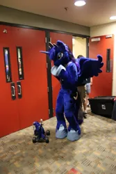 Size: 640x960 | Tagged: safe, artist:atalonthedeer, derpibooru import, princess luna, alicorn, robot, fursuit, image, indoors, irl, jpeg, photo, ponysuit, solo, spread wings, wings