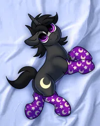 Size: 1600x2000 | Tagged: safe, artist:leopardsnaps, derpibooru import, oc, pony, unicorn, bed, blaze (coat marking), clothes, coat markings, facial markings, horn, image, looking at you, lying down, male, png, side, smiling, smirk, socks, solo, stallion, stallion oc, unicorn oc