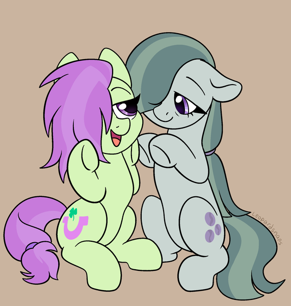 Size: 2000x2100 | Tagged: safe, artist:leopardsnaps, derpibooru import, marble pie, oc, oc:lavender charm, earth pony, pony, alternate hairstyle, brown background, duo, earth pony oc, female, floppy ears, image, looking at each other, looking at someone, mare, mother and child, mother and daughter, older, older marble pie, open mouth, png, ponytail, raised hoof, raised hooves, simple background, smiling, smiling at each other, tail, tied tail