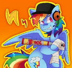 Size: 2748x2574 | Tagged: safe, artist:dragonite1128, derpibooru import, rainbow dash, pegasus, pony, g4, bandage, baseball bat, bonk, cap, female, gradient background, hat, headset mic, high res, image, jpeg, mare, outline, rainbow scout, scout (tf2), smiling, solo, team fortress 2, wings