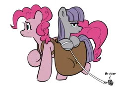 Size: 1800x1298 | Tagged: safe, artist:opalacorn, derpibooru import, maud pie, pinkie pie, earth pony, pony, g4, bag, boulder (g4), duo, duo female, female, image, jpeg, mare, pie sisters, saddle bag, siblings, simple background, sisters, trio, white background