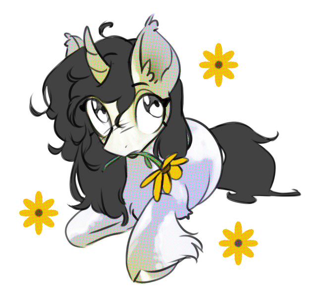 Size: 2100x2007 | Tagged: safe, artist:opalacorn, derpibooru import, oc, oc:fume hood, unofficial characters only, pony, unicorn, ear fluff, female, fetlock tuft, grayscale, horn, image, jpeg, looking up, lying down, mare, monochrome, mouth hold, partial color, prone, simple background, solo, unshorn fetlocks, white background