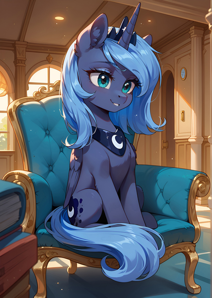 Size: 1537x2160 | Tagged: safe, ai content, derpibooru import, machine learning generated, prompter:bluetoothworld, princess luna, alicorn, pony, g4, armchair, chair, cute, female, horn, image, indoors, jewelry, mare, png, s1 luna, sitting, smiling, solo, tail, wings