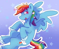 Size: 1200x1000 | Tagged: safe, artist:dragonite1128, derpibooru import, rainbow dash, pegasus, pony, g4, chest fluff, female, flying, gradient background, image, jpeg, mare, open mouth, open smile, outline, shiny hooves, smiling, solo, spread wings, stars, unshorn fetlocks, wings