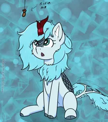 Size: 1240x1393 | Tagged: safe, artist:harmonicglow, derpibooru import, oc, oc:frost flare, unofficial characters only, kirin, catnip, cloven hooves, ear fluff, female, image, kirin oc, looking up, png, quadrupedal, sitting, solo, tail, tail wag