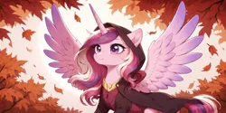 Size: 2400x1200 | Tagged: safe, ai content, derpibooru import, machine learning generated, prompter:greesys, princess cadance, alicorn, pony, autumn, bust, image, png, portrait, solo