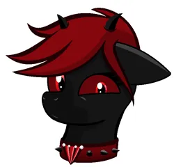 Size: 646x621 | Tagged: safe, artist:mashee, derpibooru import, demon, demon pony, original species, pony, black coat, bust, choker, devil, female, floppy ears, horns, image, paint, png, portrait, red eyes, red hair, solo, solo female