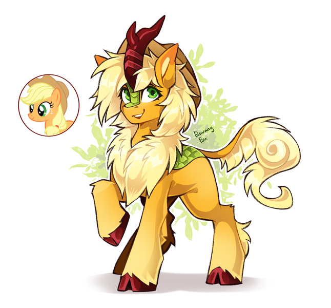 Size: 2665x2477 | Tagged: safe, artist:buvanybu, derpibooru import, applejack, kirin, cloven hooves, image, kirin applejack, kirinified, png, raised hoof, species swap