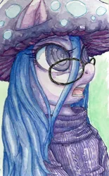 Size: 1451x2333 | Tagged: safe, artist:buttercupsaiyan, derpibooru import, oc, oc:jellycap, pony, clothes, female, glasses, hypnosis, image, jpeg, long hair, mushroom, open mouth, purple, solo, sweater, swirly eyes, turtleneck