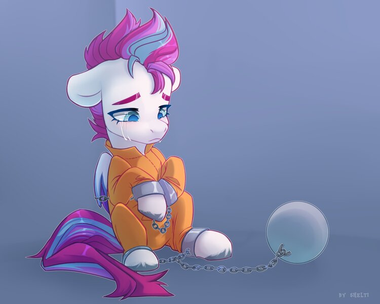 Size: 2500x2000 | Tagged: safe, artist:shelti, derpibooru import, ponerpics import, zipp storm, pony, g5, clothes, commissioner:rainbowdash69, female, image, jpeg, mare, never doubt rainbowdash69's involvement, prison outfit, prisoner, prisoner zipp, shackles, solo