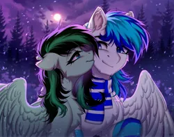 Size: 3500x2752 | Tagged: safe, artist:hakaina, derpibooru import, ponerpics import, oc, oc:eden shallowleaf, oc:lighty, unofficial characters only, pony, clothes, commission, duo, duo male and female, female, image, jpeg, kiss on the cheek, kissing, looking at each other, male, mare, scarf, stallion, ych result