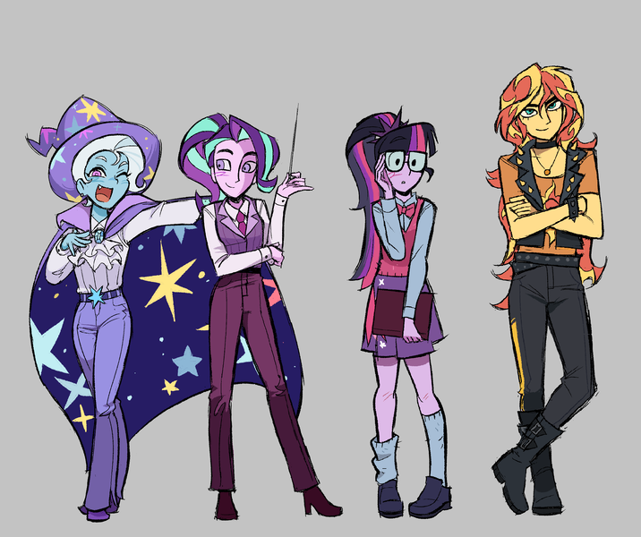 Size: 2742x2299 | Tagged: safe, artist:cranialgrind, derpibooru import, sci-twi, starlight glimmer, sunset shimmer, trixie, twilight sparkle, human, equestria girls, g4, belt, blue blush, blushing, book, brooch, cape, clothes, collared shirt, crossed arms, cute, cute little fangs, denim, dress pants, duo, ear piercing, earring, eyelashes, fangs, female, full body, glasses, gray background, group, hand on chest, hat, high heels, holding, humanized, image, jeans, jewelry, looking at someone, looking at you, necktie, no catchlights, one eye closed, open mouth, open smile, pants, piercing, png, ponytail, raised arm, ruffled shirt, shirt, shoes, simple background, skirt, smiling, smiling at someone, smiling at you, standing, sweater vest, three toned hair, trixie's brooch, trixie's cape, trixie's hat, white shirt, wink