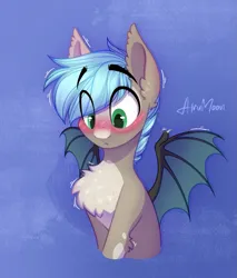 Size: 1423x1668 | Tagged: safe, artist:alrumoon_art, derpibooru import, oc, oc:white phosphor, unofficial characters only, bat pony, pony, bat pony oc, bat wings, blue background, chest fluff, cute, ear fluff, eye clipping through hair, image, male, png, simple background, solo, spread wings, stallion, wings