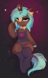 Size: 2855x4620 | Tagged: safe, artist:empress-twilight, derpibooru import, ponerpics import, oc, oc:zerphie, unofficial characters only, kirin, pony, abstract background, bikini, bikini bottom, blushing, bow, bowtie, cheek fluff, chest fluff, clothes, cloven hooves, commission, ear fluff, eye clipping through hair, eyebrows, eyebrows visible through hair, female, hooves, horn, image, kirin oc, looking at you, lying down, mare, necktie, on back, panties, png, smiling, smiling at you, socks, solo, stockings, swimsuit, tail, tail bow, thigh highs, underwear, unshorn fetlocks, ych result