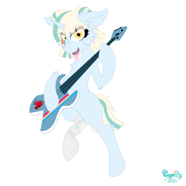 Size: 3072x3072 | Tagged: safe, artist:vinyvitz, derpibooru import, oc, oc:aria taitava, unofficial characters only, robot, unicorn, alternate hairstyle, amputee, bangs, bipedal, colored, cyberpunk, derpibooru exclusive, fangs, guitar, hair bun, horn, image, looking at you, makeup, musical instrument, png, prosthetic eye, prosthetic limb, prosthetics, rainbow rocks 10th anniversary, robotic hoof, roboticization, signature, solo, standing, tongue out