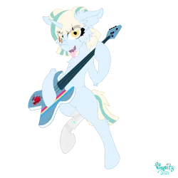 Size: 3072x3072 | Tagged: safe, artist:vinyvitz, derpibooru import, oc, oc:aria taitava, unofficial characters only, robot, unicorn, alternate hairstyle, amputee, bangs, bipedal, colored, cyberpunk, derpibooru exclusive, fangs, guitar, hair bun, horn, image, looking at you, makeup, musical instrument, png, prosthetic eye, prosthetic limb, prosthetics, rainbow rocks 10th anniversary, robotic hoof, roboticization, signature, solo, standing, tongue out