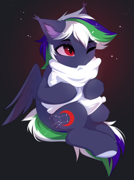 Size: 2705x3634 | Tagged: safe, artist:empress-twilight, derpibooru import, oc, oc:meniscus penumbra, unofficial characters only, pegasus, pony, commission, ear fluff, ear tufts, fangs, female, hug, image, mare, one eye closed, partially open wings, pegasus oc, pillow, pillow hug, png, sitting, slit pupils, solo, tail, wings, ych result