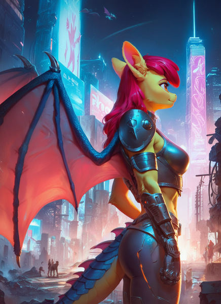 Size: 1024x1408 | Tagged: safe, ai content, derpibooru import, machine learning generated, prompter:star-dragon, stable diffusion, apple bloom, anthro, dragon, hybrid, g4, armor, breasts, busty apple bloom, city, dragon tail, dragon wings, female, futuristic, generator:pony diffusion v6 xl, image, neon, night, png, science fiction, solo, spread wings, tail, wings