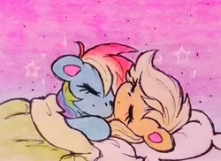 Size: 2048x1487 | Tagged: safe, artist:flutterberrypie, derpibooru import, applejack, rainbow dash, earth pony, pegasus, pony, g4, appledash, blanket, duo, duo female, eyes closed, female, image, jpeg, lesbian, mare, pillow, shipping, sleeping, sleeping together