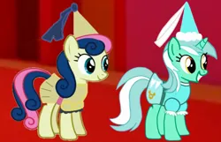 Size: 1118x720 | Tagged: safe, derpibooru import, bon bon, lyra heartstrings, sweetie drops, earth pony, pony, unicorn, beautiful, clothes, costume, cute, dress, dressup, duo, duo female, female, halloween, halloween 2024, halloween costume, happy, hat, hennin, holiday, horn, image, lesbian, lyrabetes, lyrabon, png, pretty, princess, puffy sleeves, shipping