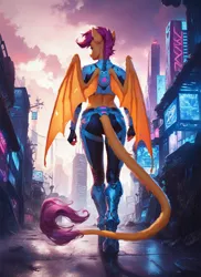 Size: 1024x1408 | Tagged: safe, ai content, banned from derpibooru, deleted from derpibooru, derpibooru import, machine learning generated, prompter:star-dragon, stable diffusion, scootaloo, anthro, dragon, hybrid, g4, armor, city, cloud, cloudy, dragon tail, dragon wings, female, futuristic, generator:pony diffusion v6 xl, image, neon, night, png, rear view, science fiction, skyscraper, solo, spread wings, tail, walking, wings