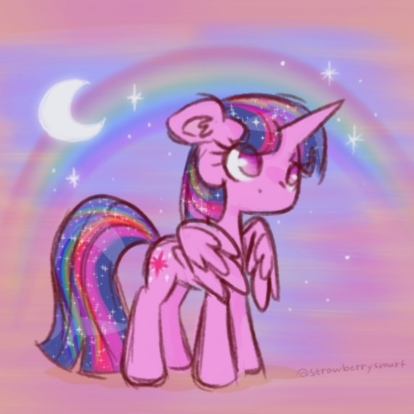 Size: 648x648 | Tagged: safe, artist:flutterberrypie, derpibooru import, twilight sparkle, twilight sparkle (alicorn), alicorn, pony, g4, crescent moon, female, horn, image, jpeg, mare, moon, rainbow, solo, spread wings, tail, wings