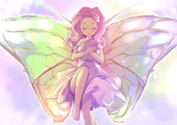 Size: 3508x2480 | Tagged: safe, artist:izuchi, derpibooru import, fluttershy, butterfly, human, insect, equestria girls, g4, sonic rainboom (episode), barefoot, beautiful, butterfly hairpin, butterfly wings, clothes, dress, eyes closed, feet, flying, hands over heart, happy, image, parody, png, scene parody, signature, solo, sun ray, wings