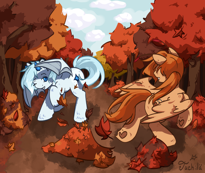 Size: 2780x2348 | Tagged: safe, artist:ju4111a, derpibooru import, oc, oc:shane, oc:svatya, unofficial characters only, bat pony, demon, demon pony, original species, pegasus, antennae, autumn, bat pony oc, bat wings, cloud, demon oc, duo, forest, hide, horns, image, laughing, leaves, looking at each other, looking at someone, nature, pegasus oc, png, sky, smiling, smiling at each other, spread wings, tree, wings