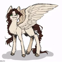 Size: 800x800 | Tagged: safe, artist:illustra, derpibooru import, oc, unofficial characters only, pegasus, pony, braid, braided ponytail, braided tail, eye clipping through hair, eyebrows, eyebrows visible through hair, female, female oc, full body, green eyes, image, jpeg, large wings, looking at you, mare, mare oc, pegasus oc, ponytail, simple background, sketch, spread wings, standing, tail, unshorn fetlocks, white background, wings