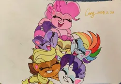 Size: 3000x2085 | Tagged: safe, derpibooru import, applejack, fluttershy, pinkie pie, rainbow dash, rarity, twilight sparkle, twilight sparkle (alicorn), alicorn, earth pony, pegasus, pony, unicorn, cute-pocalypse meow, my little pony: pony life, spoiler:pony life s01e03, drawing, friendship, horn, hug, image, jpeg, traditional art