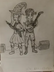 Size: 3024x4032 | Tagged: safe, artist:pink amena, derpibooru import, starlight glimmer, trixie, human, equestria girls, g4, duo, electric guitar, grayscale, guitar, guitar amp, image, jpeg, monochrome, musical instrument, pencil drawing, rainbow rocks 10th anniversary, traditional art