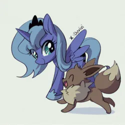 Size: 2048x2048 | Tagged: safe, artist:duvivi, derpibooru import, princess luna, alicorn, eevee, pony, g4, ^^, cute, duo, eyes closed, female, filly, filly luna, foal, image, jpeg, lunabetes, open mouth, pokémon, simple background, smiling, spread wings, white background, wings, woona, younger