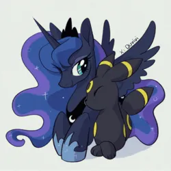 Size: 2048x2048 | Tagged: safe, artist:duvivi, derpibooru import, princess luna, alicorn, pony, umbreon, g4, crown, cute, duo, eyes closed, female, image, jewelry, jpeg, lunabetes, lying down, mare, no mouth, nuzzling, peytral, pokémon, prone, regalia, simple background, smiling, spread wings, white background, wings