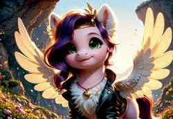 Size: 3072x2112 | Tagged: safe, ai content, derpibooru import, machine learning generated, prompter:kluknawa235, stable diffusion, pipp petals, pegasus, pony, g5, chest fluff, clothes, diadem, ear fluff, female, flower, image, jacket, jewelry, jpeg, mare, necklace, regalia, smiling, solo, spread wings, wings