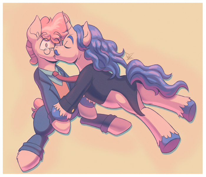 Size: 2639x2265 | Tagged: safe, artist:bkiltersot, derpibooru import, fancypants, svengallop, earth pony, pony, unicorn, g4, clothes, duo, duo male, fancygallop, floating, gay, glasses, holding hooves, horn, image, kissing, male, necktie, png, shipping, simple background, stallion, white background, yellow background