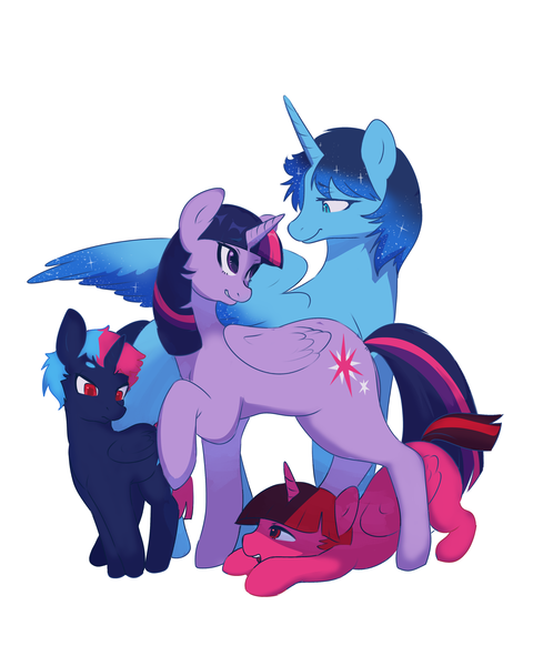 Size: 3000x3750 | Tagged: suggestive, derpibooru import, twilight sparkle, twilight sparkle (alicorn), oc, oc:blue thunder, alicorn, pony, canon x oc, colt, family, female, filly, foal, image, looking at each other, looking at someone, male, png, shipping, simple background, straight, thundersparkle, white background