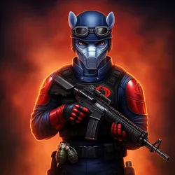 Size: 1024x1024 | Tagged: safe, ai content, derpibooru import, generator:google imagen 3.0, machine learning generated, prompter:zerowinger, anthro, earth pony, assault rifle, clothes, cobra the enemy, cobra viper, cosplay, costume, g.i. joe, gradient background, gun, image, jpeg, male, rifle, solo, weapon