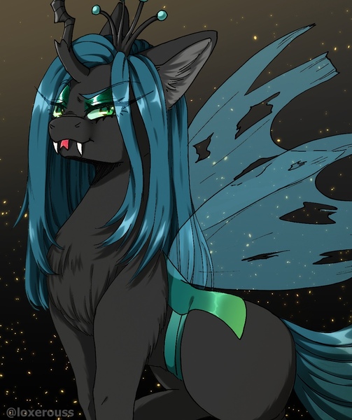 Size: 1072x1280 | Tagged: safe, artist:illustra, derpibooru import, queen chrysalis, changeling, changeling queen, crown, eye clipping through hair, eyebrows, eyebrows visible through hair, eyelashes, eyeshadow, fangs, female, green eyes, image, jewelry, jpeg, looking at you, makeup, regalia, side view, signature, solo, spread wings, tongue out, transparent wings, wings