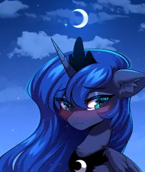 Size: 853x1009 | Tagged: safe, artist:airiniblock, derpibooru import, princess luna, alicorn, pony, g4, blushing, chest fluff, cloud, crown, cute, ear fluff, eye clipping through hair, eyebrows, eyebrows visible through hair, horn, icon, image, jewelry, moon, night, png, regalia, sky, solo, wingding eyes, wings