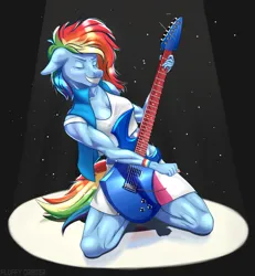 Size: 3820x4128 | Tagged: safe, artist:fluffyorbiter, derpibooru import, rainbow dash, anthro, pegasus, pony, abs, biceps, black background, bracelet, breasts, clothes, electric guitar, erect nipples, eyes closed, female, floppy ears, grin, gritted teeth, guitar, image, jewelry, kneeling, light, mare, multicolored hair, muscles, musical instrument, nipple outline, particles, passion, playing guitar, playing music, png, rainbow rocks 10th anniversary, rainbuff dash, simple background, skirt, sleeveless jacket, smiling, sports bra, spotlight, tail, teeth, underwear, white underwear, wingless, wingless anthro