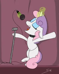 Size: 866x1080 | Tagged: safe, artist:soccy, derpibooru import, sweetie belle, pony, unicorn, g4, arms wide open, choker, eyes closed, eyeshadow, female, glow, glowing horn, horn, image, levitation, magic, magic aura, makeup, microphone, microphone stand, missing cutie mark, older, older sweetie belle, open mouth, png, rainbow rocks 10th anniversary, signature, singing, solo, solo female, spiked choker, telekinesis