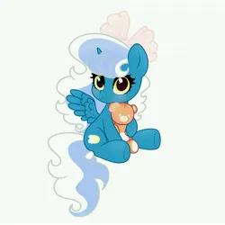 Size: 6890x6890 | Tagged: safe, artist:riofluttershy, derpibooru import, oc, oc:fleurbelle, unofficial characters only, alicorn, pony, alicorn oc, blushing, bow, female, hair bow, holding, horn, image, jpeg, mare, pink bow, plushie, simple background, sitting, smiling, solo, tail, teddy bear, two toned hair, two toned mane, two toned tail, white background, wings, yellow eyes