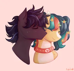 Size: 1000x961 | Tagged: safe, artist:arbilok, derpibooru import, oc, oc:olen, oc:space, unofficial characters only, bat pony, unicorn, collar, eyes closed, flower, horn, image, kissing, pink background, png, simple background