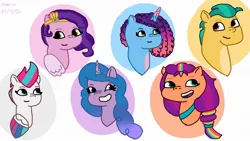 Size: 1280x720 | Tagged: safe, artist:dawnie, derpibooru import, hitch trailblazer, izzy moonbow, pipp petals, sunny starscout, zipp storm, earth pony, pegasus, pony, unicorn, g5, abstract background, applejack (g5), female, fluttershy (g5), group photo, horn, image, jpeg, male, mane five, mane six (g5), mane stripe sunny, mare, misty brightdawn, pinkie pie (g5), rainbow dash (g5), rarity (g5), rebirth misty, stallion, twilight sparkle (g5), unitober 2024